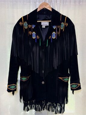 Erez Levy Black Suede Fringe Jacket with Southwestern Embroidery